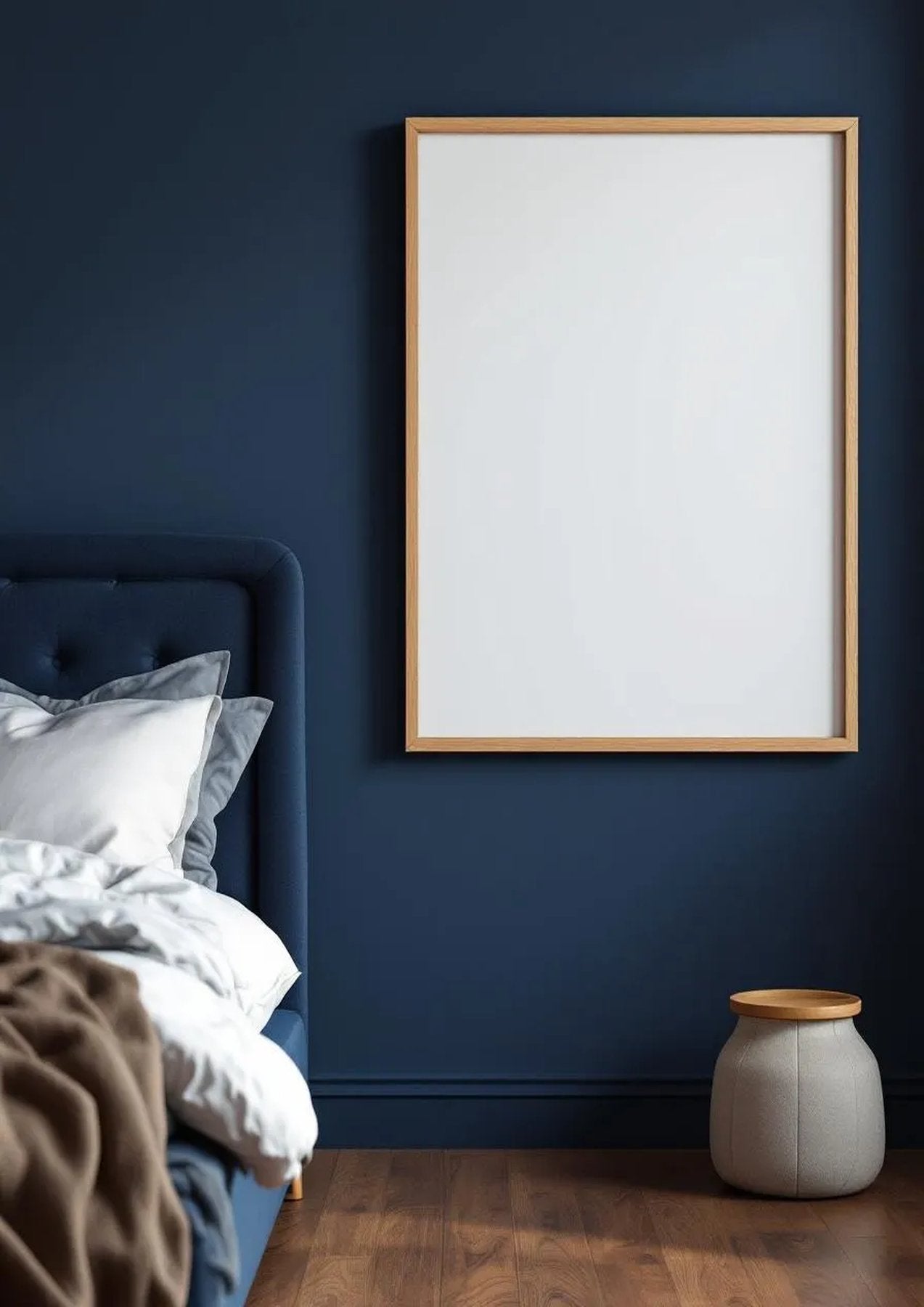 Bedroom Navy Interior Frame Mockup — Natural Oak Frame Portrait 2:3 — Perspective View — #04095 | MockupBulk