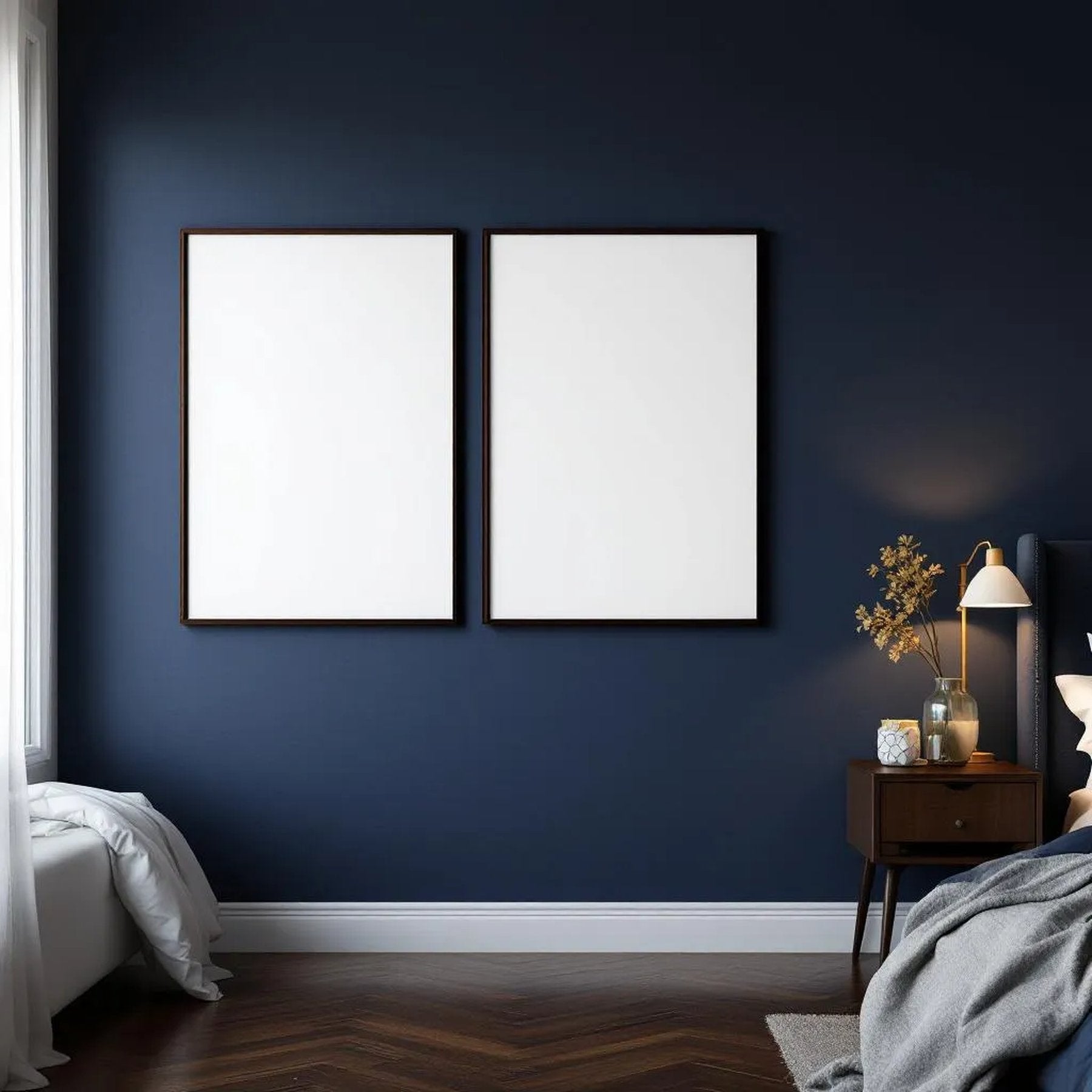 Bedroom Navy Editorial Room Mockup — Plain Square Frame Portrait 2:3 — Perspective View — #04096 | MockupBulk