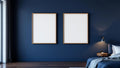 Bedroom Navy Editorial Room Mockup — Walnut Frame Landscape 11x14 — Perspective View — #04097 | MockupBulk