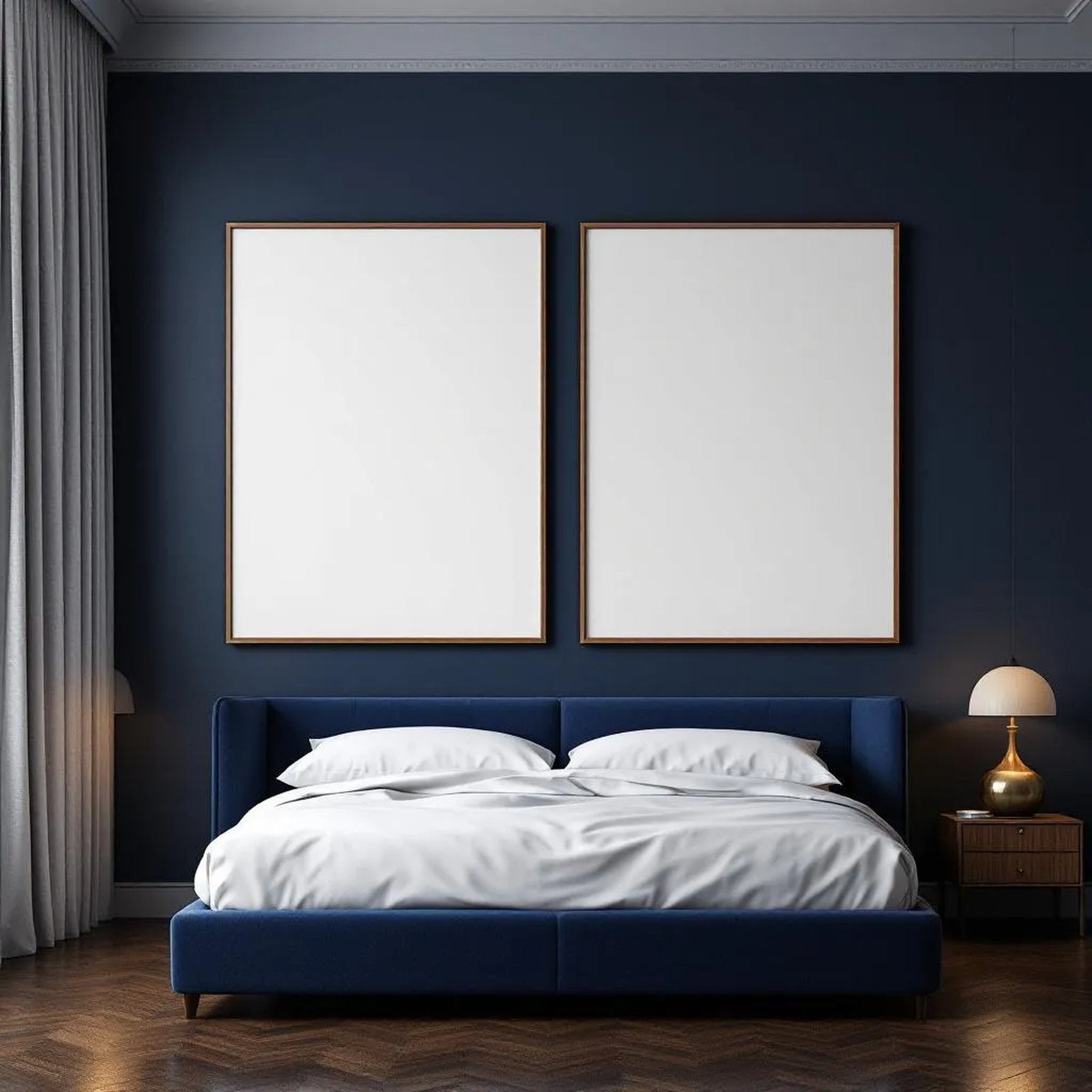 Bedroom Navy Wall Art Mockup — Plain Square Frame Portrait 2:3 — Perspective View — #04099 | MockupBulk