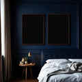 Bedroom Navy Premium Interior Mockup — Plain Square Frame Portrait 2:3 — Perspective View — #04102 | MockupBulk