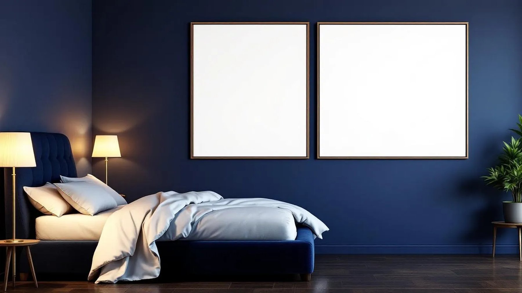 Bedroom Navy Premium Interior Mockup — Walnut Frame Portrait 2:3 — Perspective View — #04103 | MockupBulk