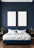 Bedroom Navy Interior Frame Mockup — Walnut Frame Portrait 2:3 — Perspective View — #04104 | MockupBulk