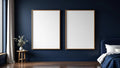 Bedroom Navy Frame Display Mockup — Walnut Frame A-Series (A4 / A3) — Perspective View — #04106 | MockupBulk
