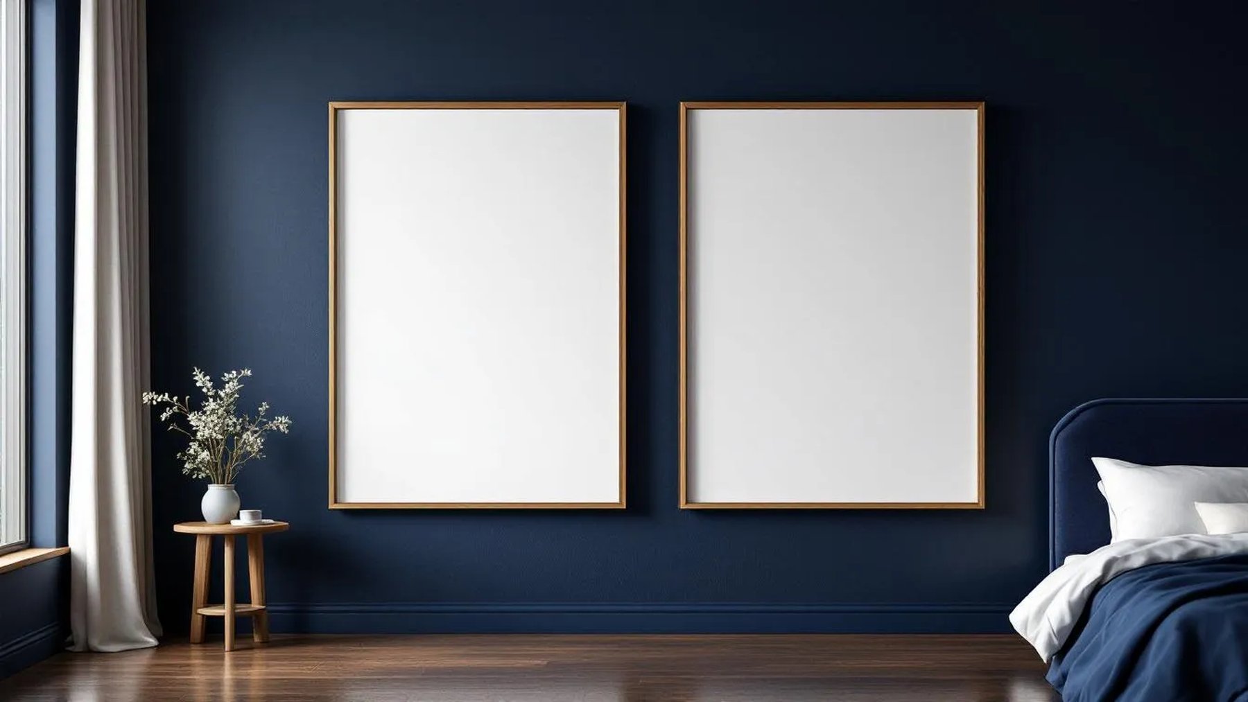 Bedroom Navy Frame Display Mockup — Walnut Frame A-Series (A4 / A3) — Perspective View — #04106 | MockupBulk