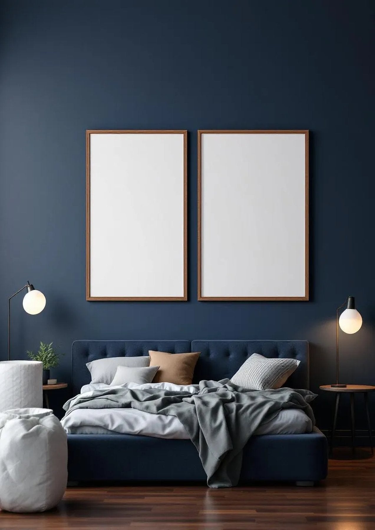 Bedroom Navy Interior Frame Mockup — Walnut Frame Portrait 2:3 — Perspective View — #04107 | MockupBulk
