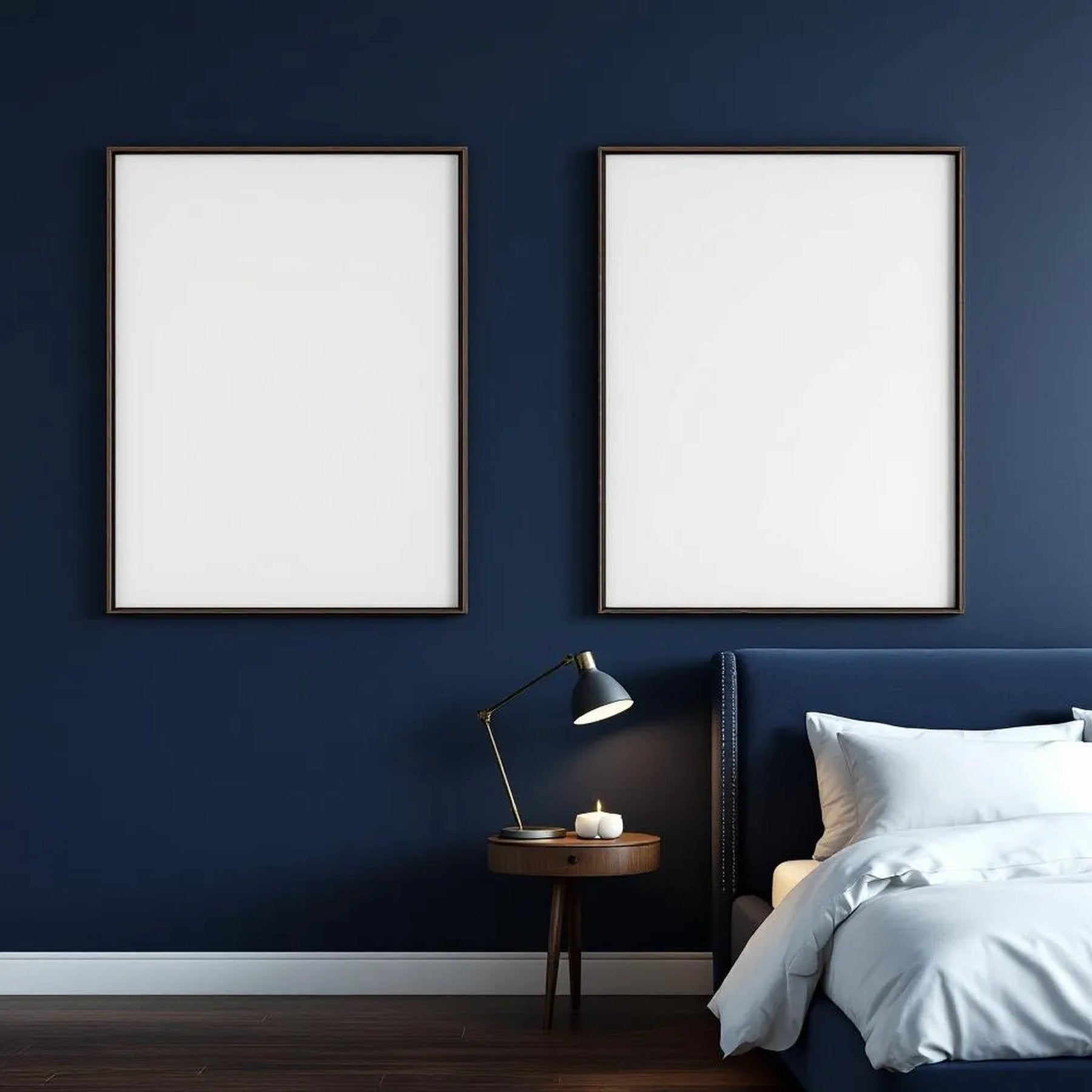 Bedroom Navy High-Res Frame Mockup — Plain Square Frame Portrait 2:3 — Perspective View — #04108 | MockupBulk