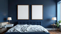 Bedroom Navy Lifestyle Frame Mockup — Walnut Frame Portrait 2:3 — Perspective View — #04109 | MockupBulk