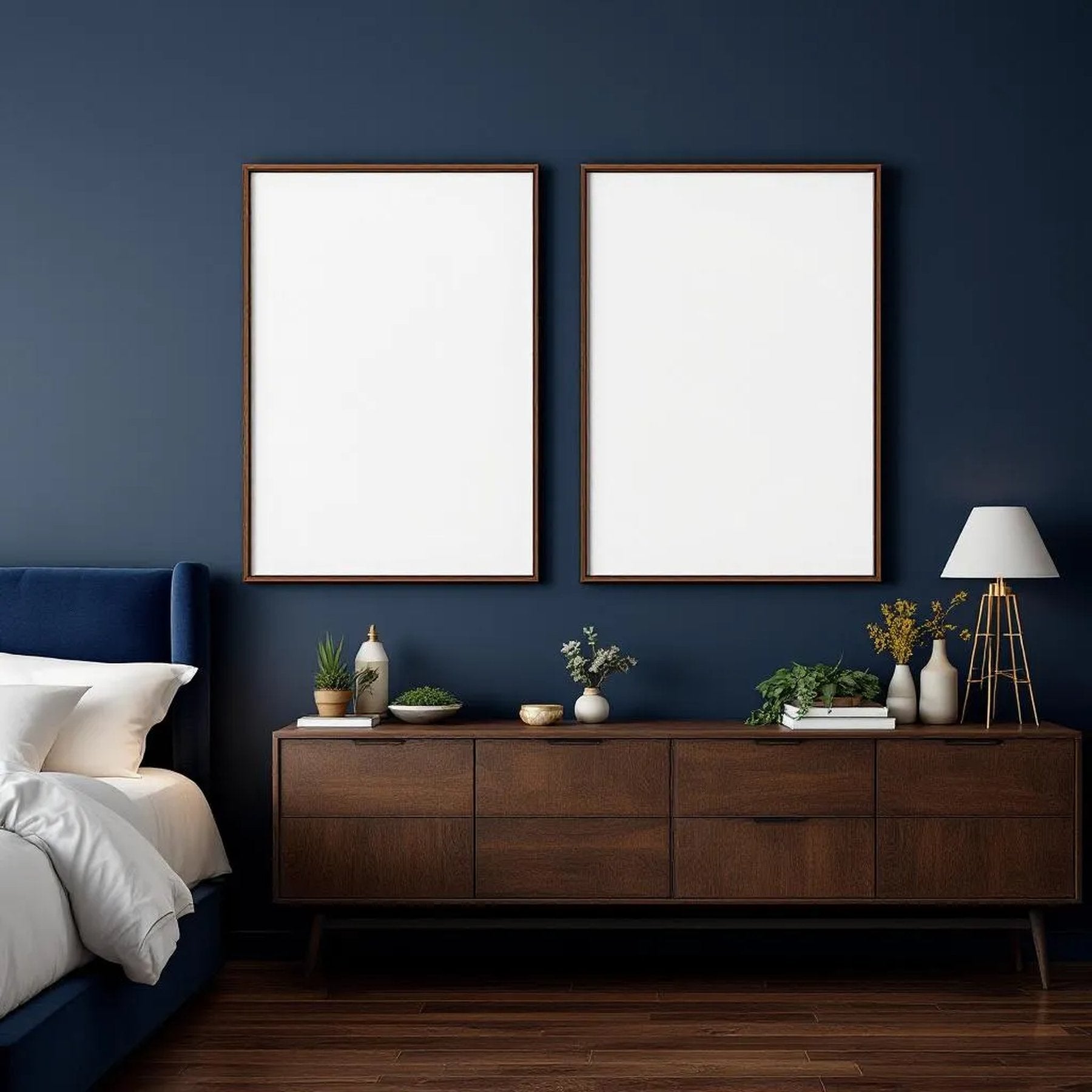 Bedroom Navy High-Res Frame Mockup — Plain Square Frame A-Series (A4 / A3) — Perspective View — #04111 | MockupBulk