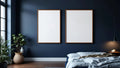 Bedroom Navy Premium Interior Mockup — Walnut Frame Portrait 2:3 — Perspective View — #04112 | MockupBulk