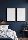 Bedroom Navy Lifestyle Frame Mockup — Walnut Frame Portrait 2:3 — Perspective View — #04113 | MockupBulk