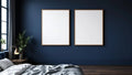 Bedroom Navy Wall Art Mockup — Walnut Frame Portrait 2:3 — Perspective View — #04115 | MockupBulk