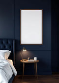 Bedroom Navy Lifestyle Frame Mockup — Walnut Frame Portrait 2:3 — Perspective View — #04116 | MockupBulk