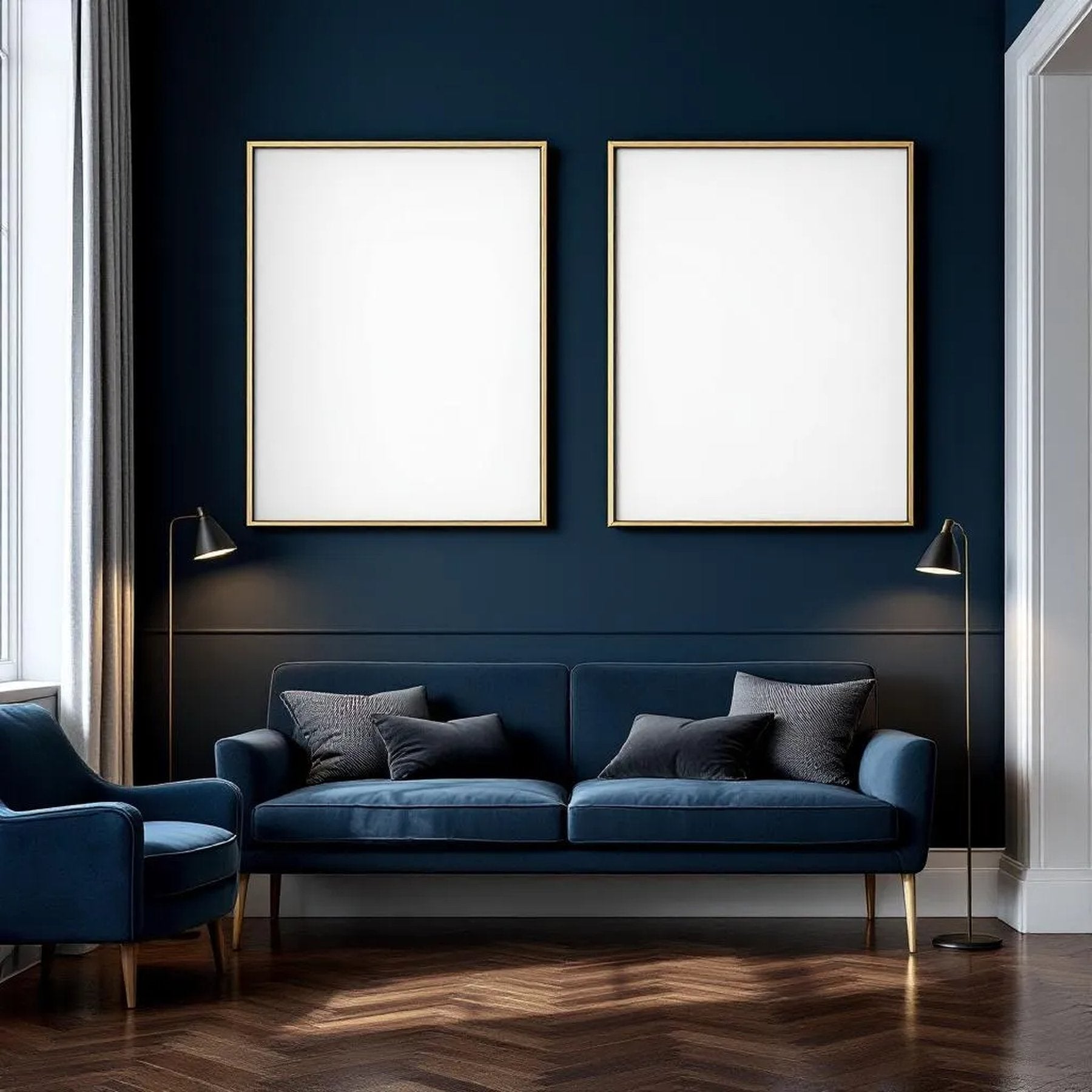 Bedroom Navy Professional Frame Mockup — Plain Square Frame Landscape 3:4 — Perspective View — #04117 | MockupBulk