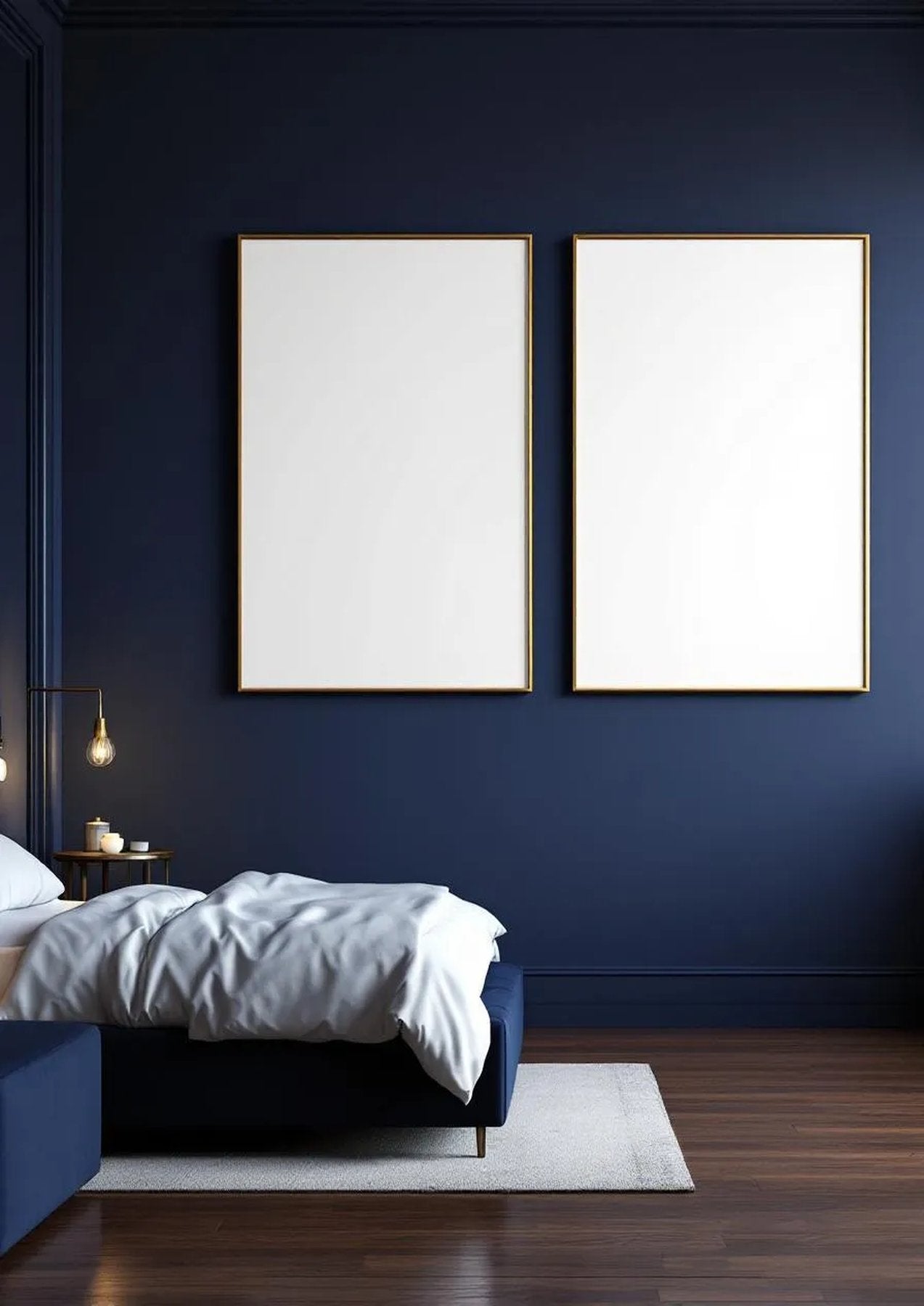 Bedroom Navy Frame Display Mockup — Gold Frame Portrait 2:3 — Perspective View — #04119 | MockupBulk