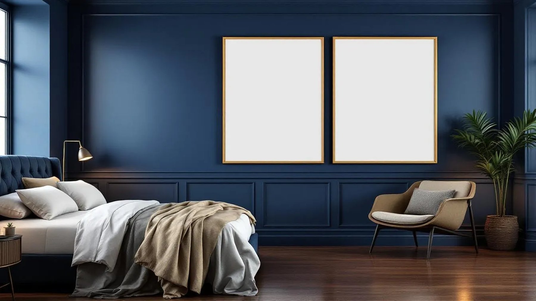 Bedroom Navy Professional Frame Mockup — Gold Frame Portrait 4:5 — Perspective View — #04121 | MockupBulk
