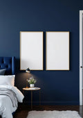 Bedroom Navy Wall Art Mockup — Gold Frame Portrait 2:3 — Perspective View — #04122 | MockupBulk