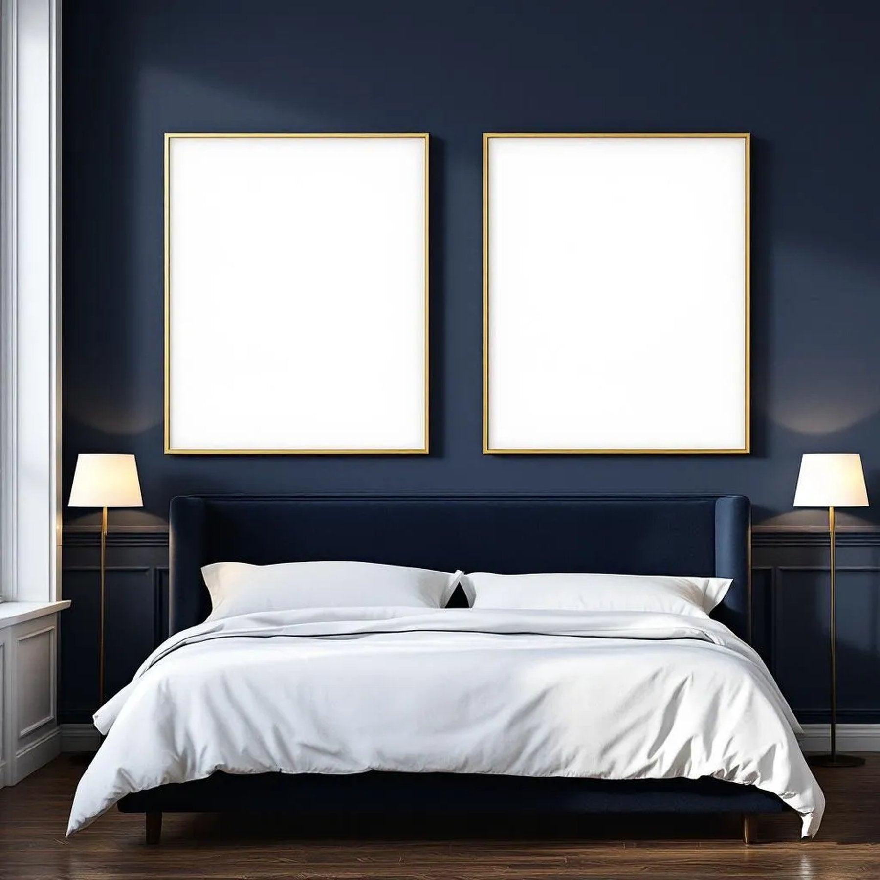 Bedroom Navy Interior Frame Mockup — Plain Square Frame Portrait 2:3 — Perspective View — #04123 | MockupBulk