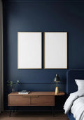 Bedroom Navy Lifestyle Frame Mockup — Gold Frame Portrait 2:3 — Perspective View — #04125 | MockupBulk