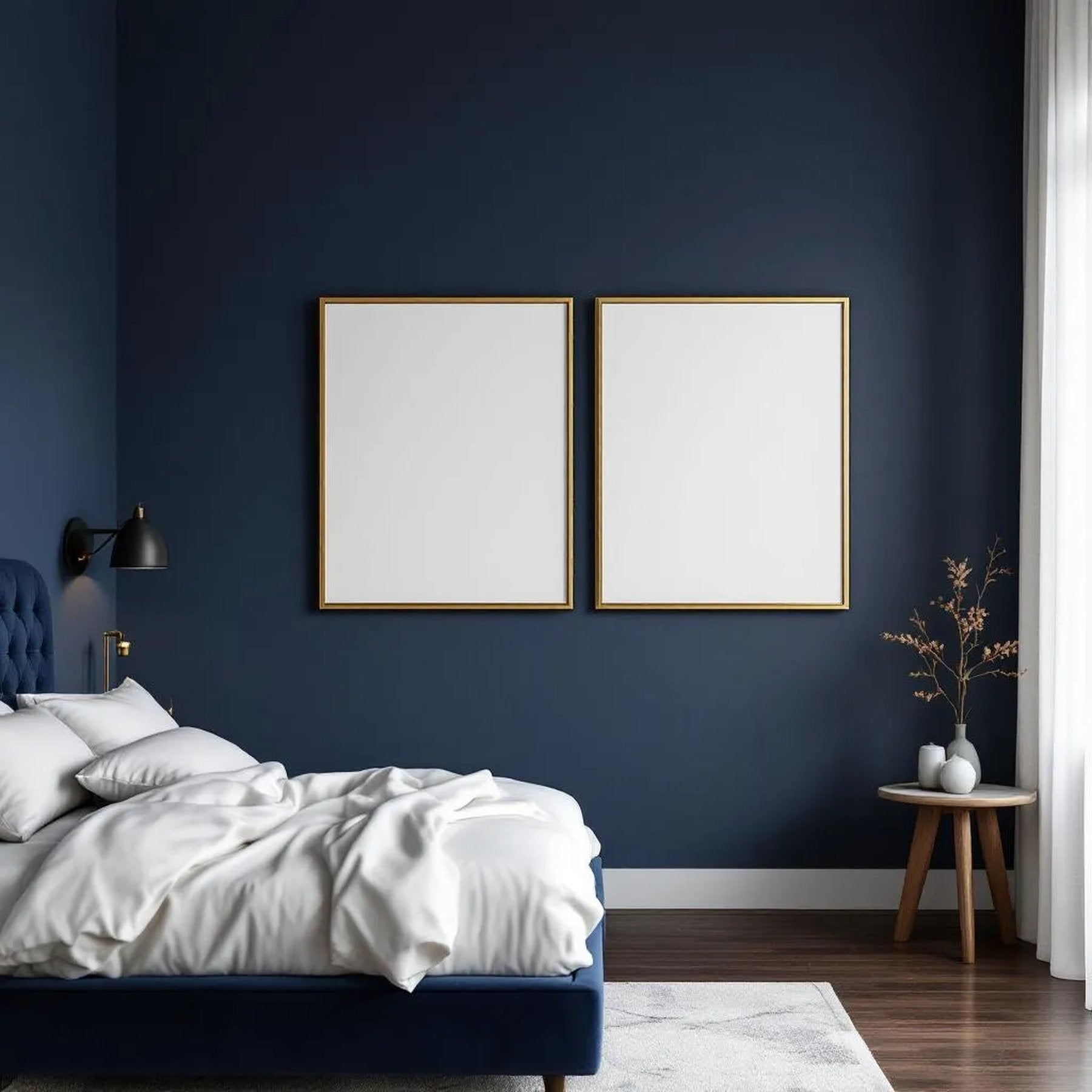 Bedroom Navy Frame Display Mockup — Plain Square Frame Portrait 2:3 — Perspective View — #04126 | MockupBulk