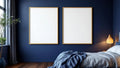 Bedroom Navy Lifestyle Frame Mockup — Gold Frame Landscape 11x14 — Perspective View — #04127 | MockupBulk
