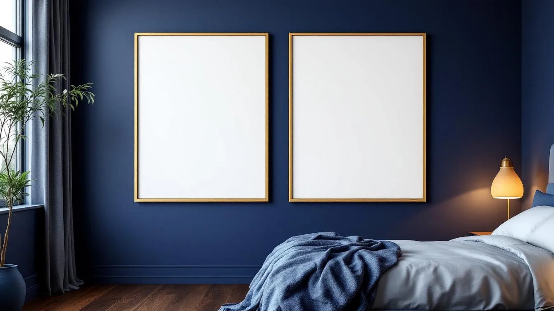 Bedroom Navy Lifestyle Frame Mockup — Gold Frame Landscape 11x14 — Perspective View — #04127 | MockupBulk