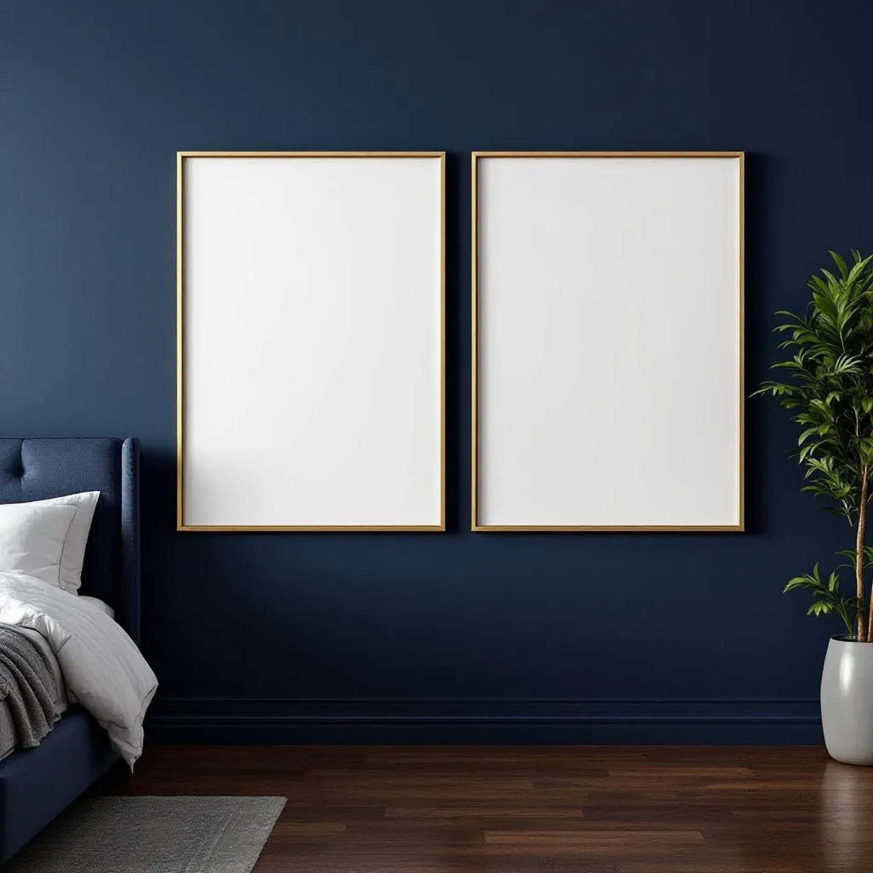 Bedroom Navy Frame Display Mockup — Plain Square Frame Portrait 2:3 — Perspective View — #04129 | MockupBulk