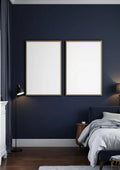 Bedroom Navy Lifestyle Frame Mockup — Gold Frame Portrait 2:3 — Perspective View — #04134 | MockupBulk