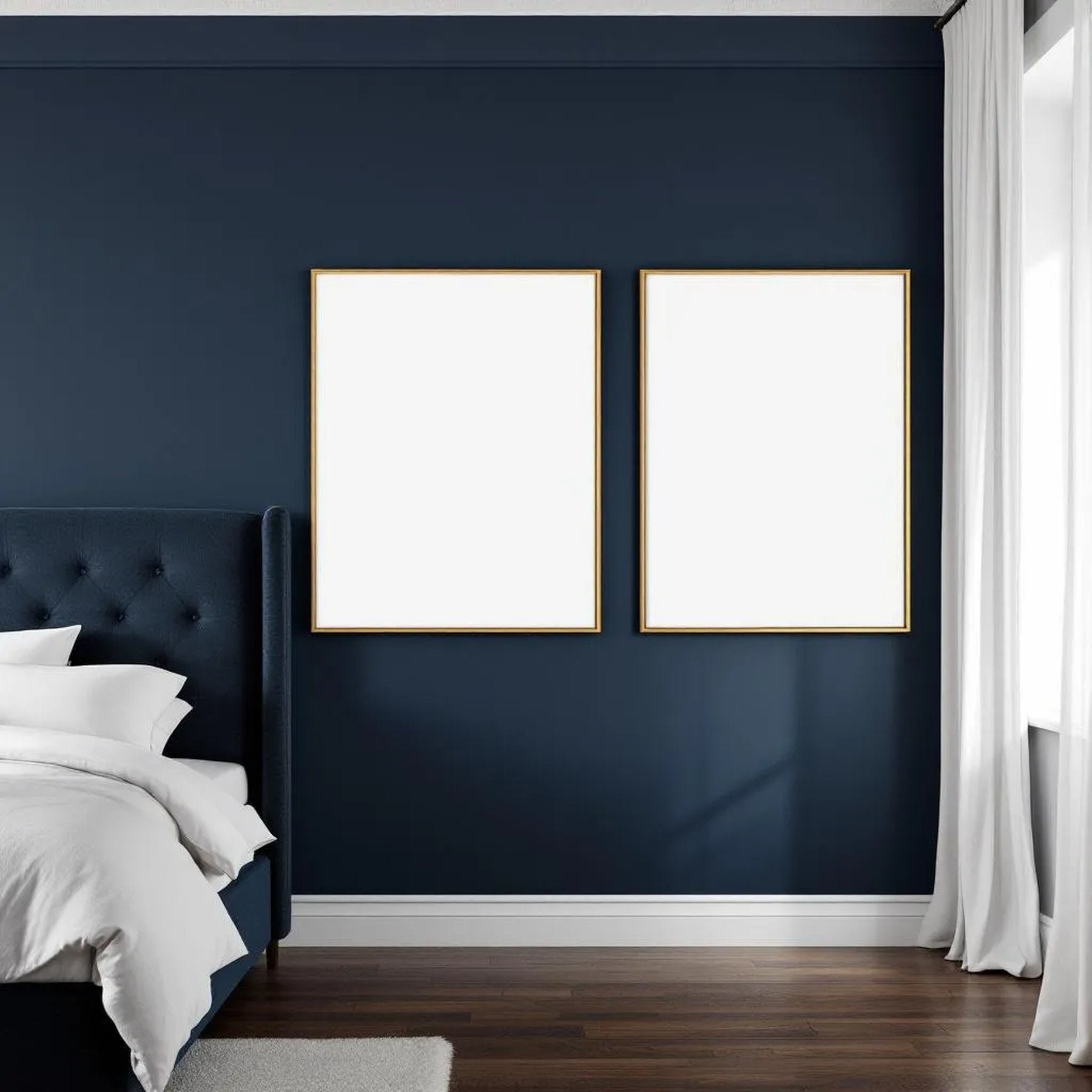 Bedroom Navy Editorial Room Mockup — Plain Square Frame Portrait 2:3 — Perspective View — #04135 | MockupBulk