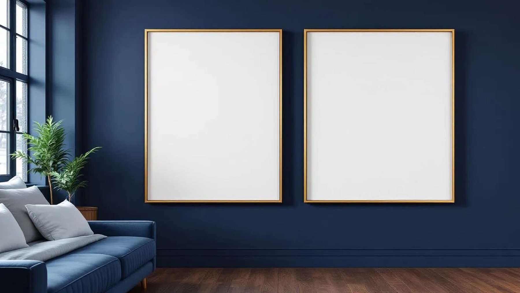 Bedroom Navy Lifestyle Frame Mockup — Gold Frame Portrait 4:5 — Perspective View — #04136 | MockupBulk