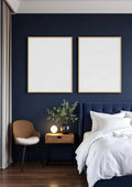 Bedroom Navy High-Res Frame Mockup — Gold Frame Portrait 2:3 — Perspective View — #04137 | MockupBulk