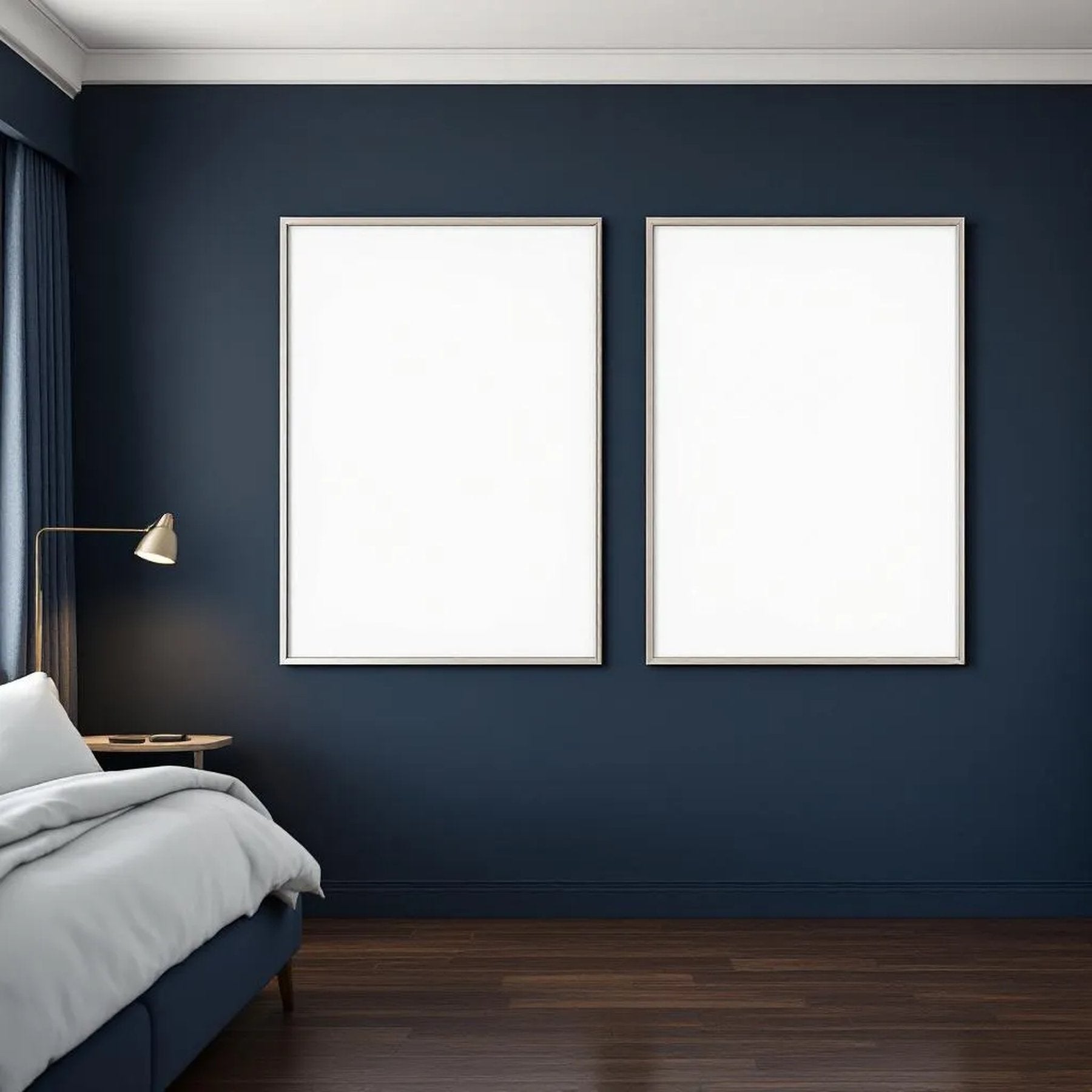 Bedroom Navy Lifestyle Frame Mockup — Plain Square Frame Portrait 2:3 — Perspective View — #04138 | MockupBulk