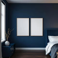 Bedroom Navy Editorial Room Mockup — Plain Square Frame Portrait 2:3 — Perspective View — #04141 | MockupBulk