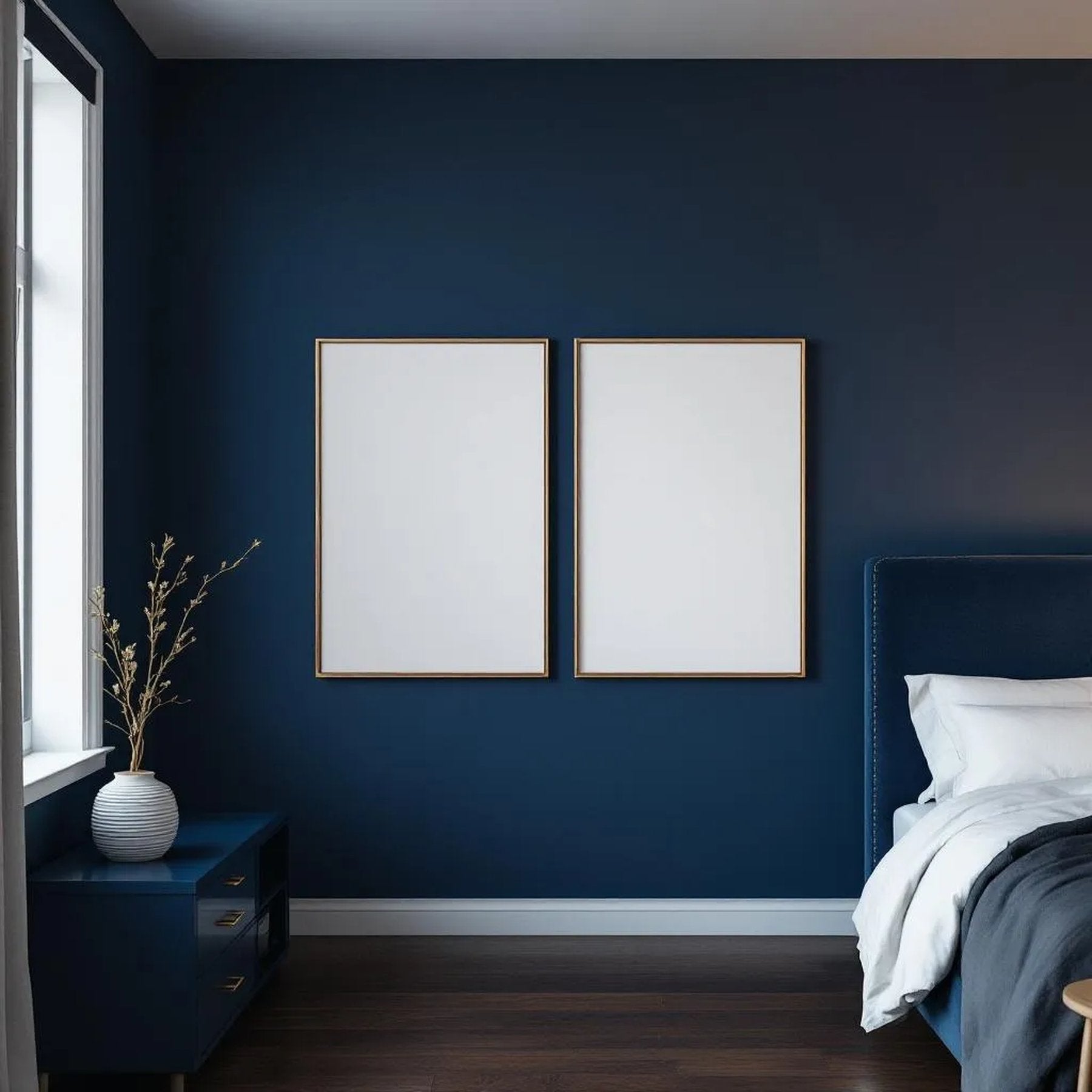 Bedroom Navy Editorial Room Mockup — Plain Square Frame Portrait 2:3 — Perspective View — #04141 | MockupBulk