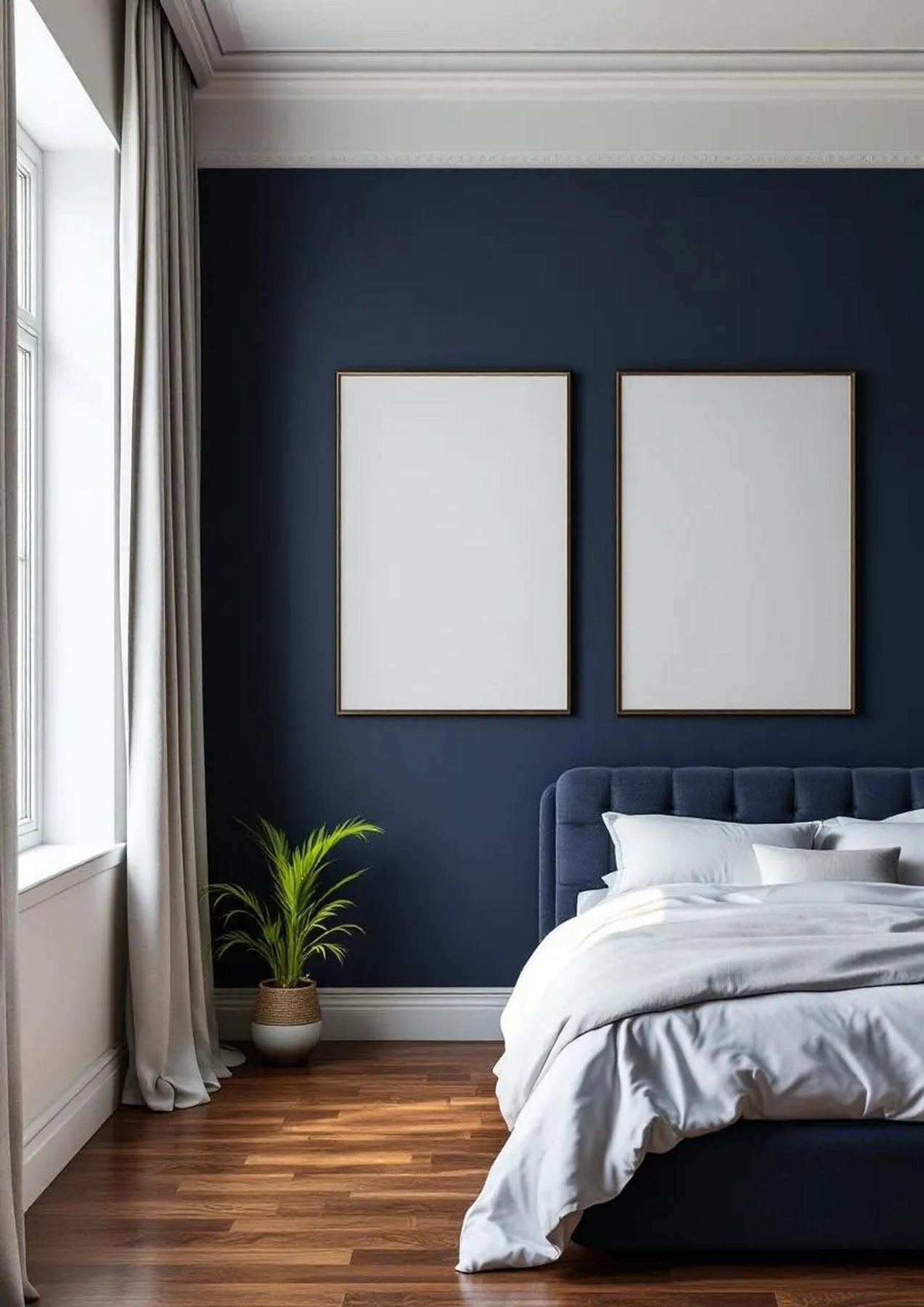 Bedroom Navy Styled Room Mockup — Silver Frame Portrait 2:3 — Perspective View — #04143 | MockupBulk