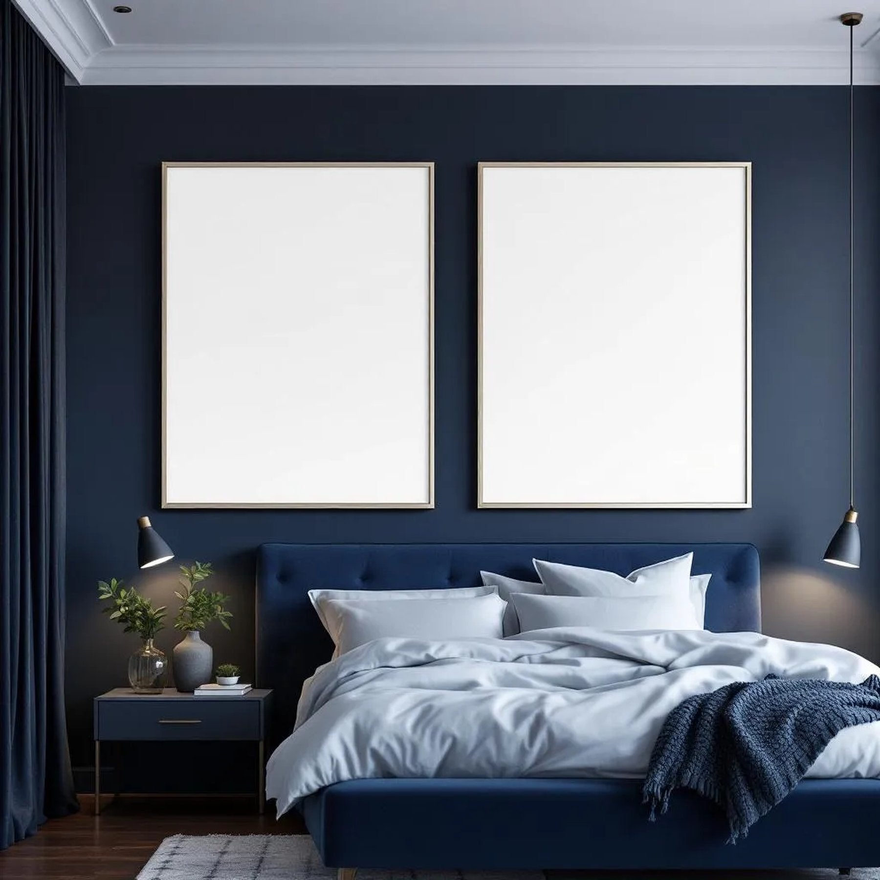 Bedroom Navy Lifestyle Frame Mockup — Plain Square Frame Portrait 2:3 — Perspective View — #04144 | MockupBulk