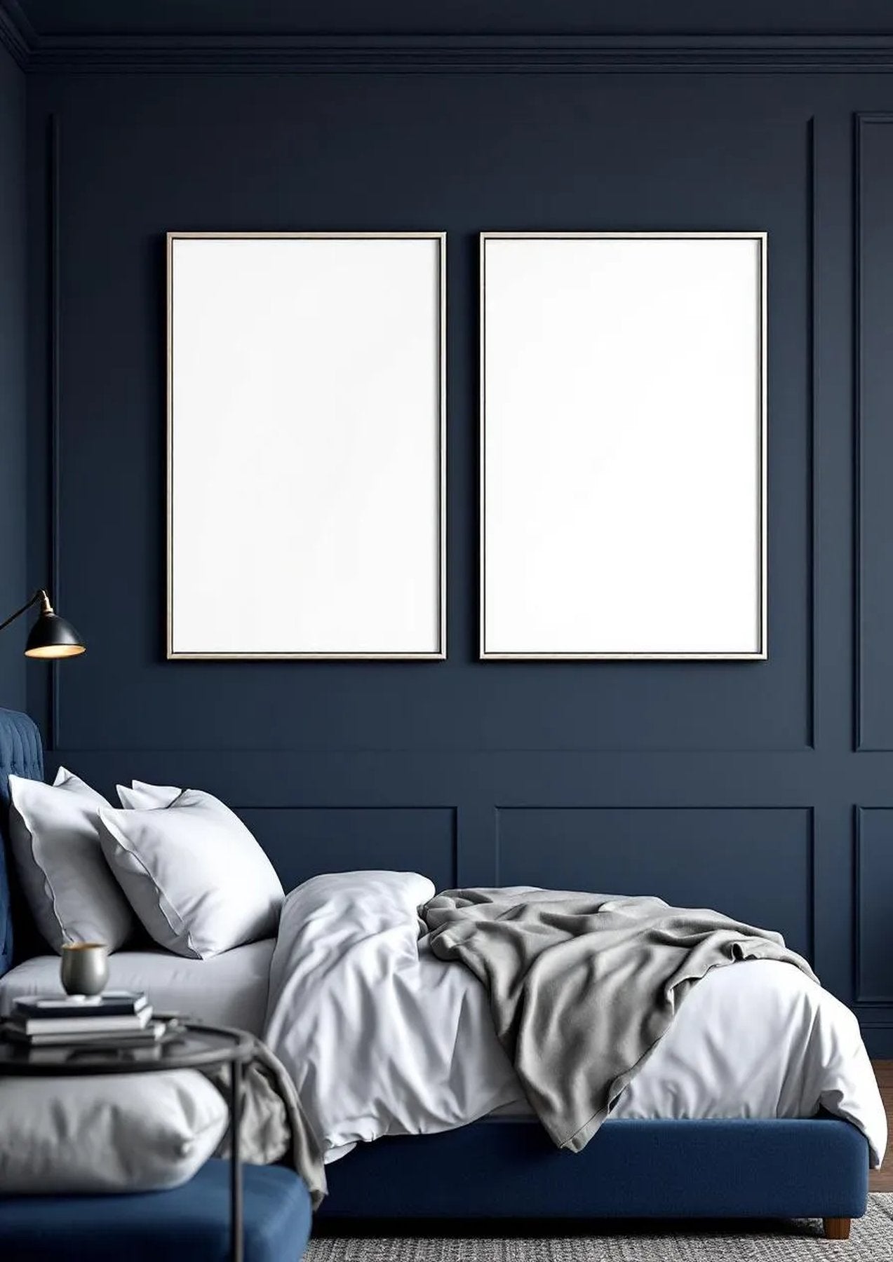 Bedroom Navy Styled Room Mockup — Silver Frame Portrait 2:3 — Perspective View — #04146 | MockupBulk