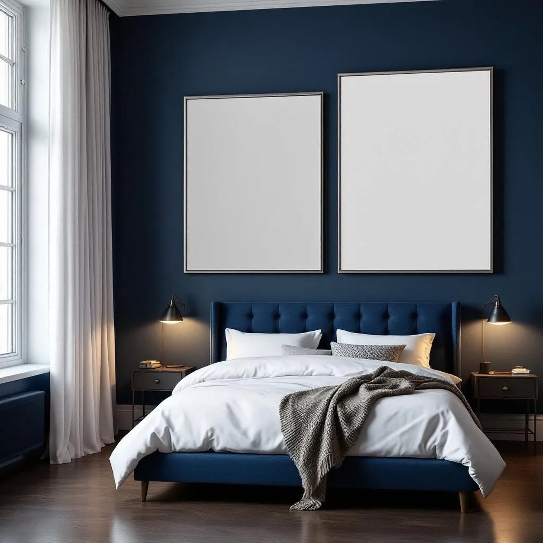 Bedroom Navy Interior Frame Mockup — Plain Square Frame Portrait 2:3 — Perspective View — #04147 | MockupBulk