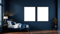 Bedroom Navy Interior Frame Mockup — Silver Frame Landscape 3:4 — Perspective View — #04148 | MockupBulk