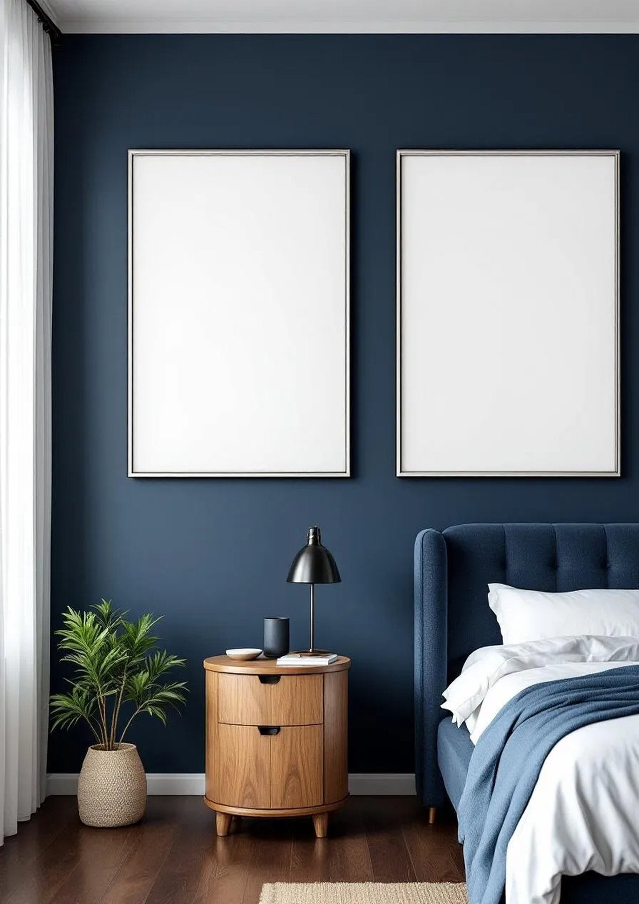 Bedroom Navy Frame Display Mockup — Silver Frame Portrait 2:3 — Perspective View — #04149 | MockupBulk