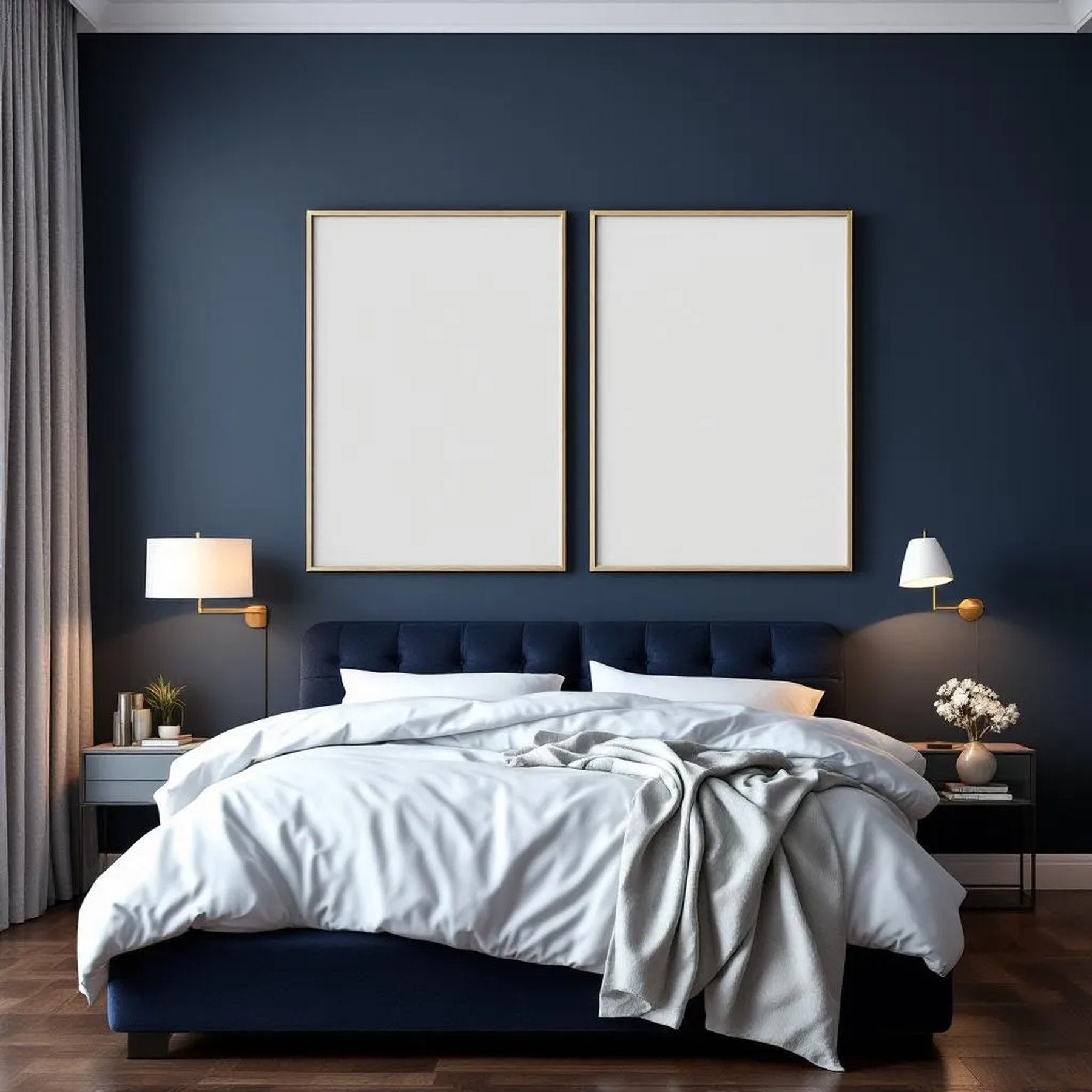 Bedroom Navy Premium Interior Mockup — Plain Square Frame Portrait 2:3 — Perspective View — #04150 | MockupBulk