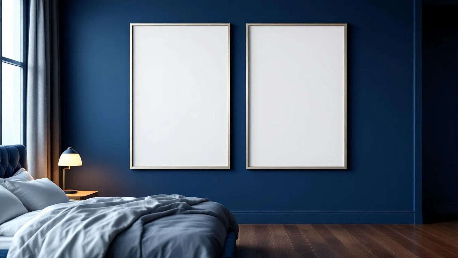 Bedroom Navy Styled Room Mockup — Silver Frame Portrait 2:3 — Perspective View — #04151 | MockupBulk