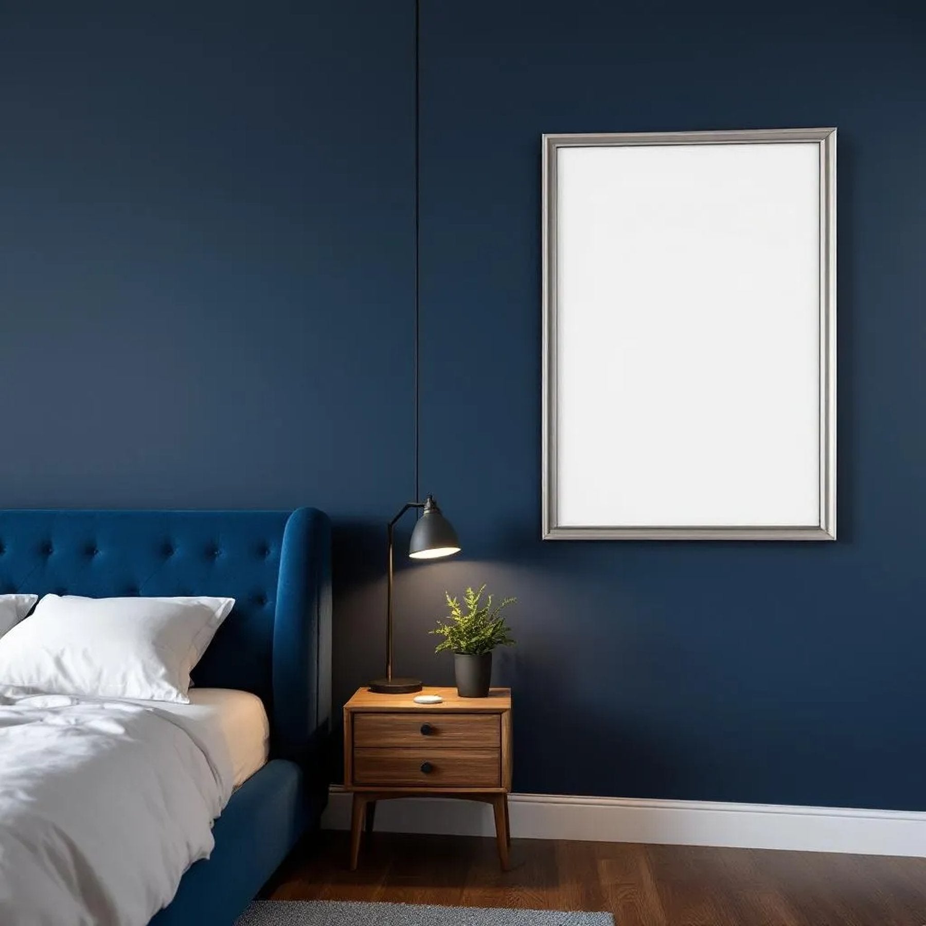 Bedroom Navy Styled Room Mockup — Plain Square Frame Portrait 2:3 — Perspective View — #04153 | MockupBulk