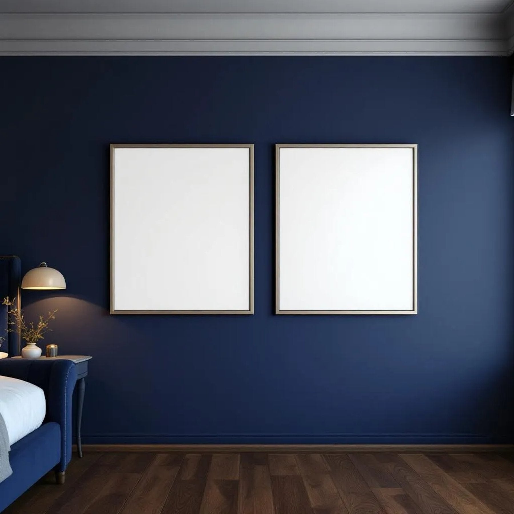 Bedroom Navy Styled Room Mockup — Plain Square Frame Portrait 4:5 — Perspective View — #04156 | MockupBulk