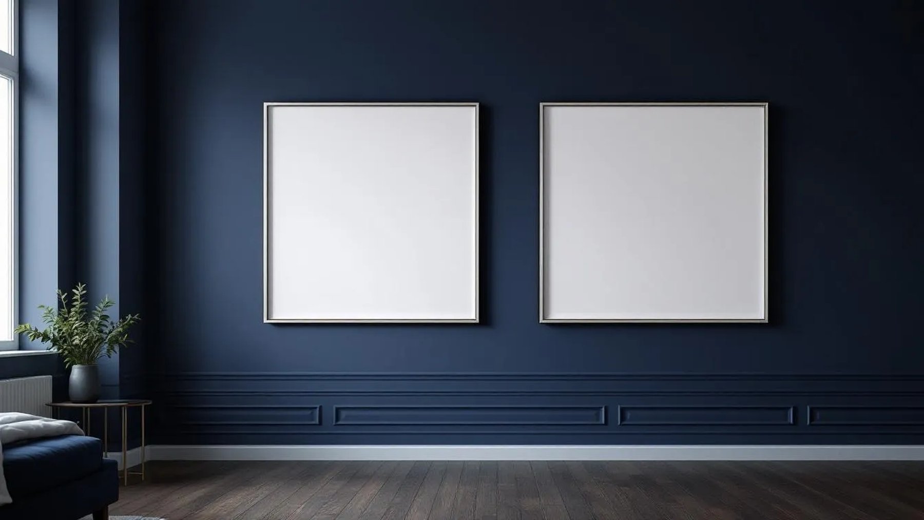 Bedroom Navy High-Res Frame Mockup — Silver Frame Portrait 2:3 — Perspective View — #04157 | MockupBulk