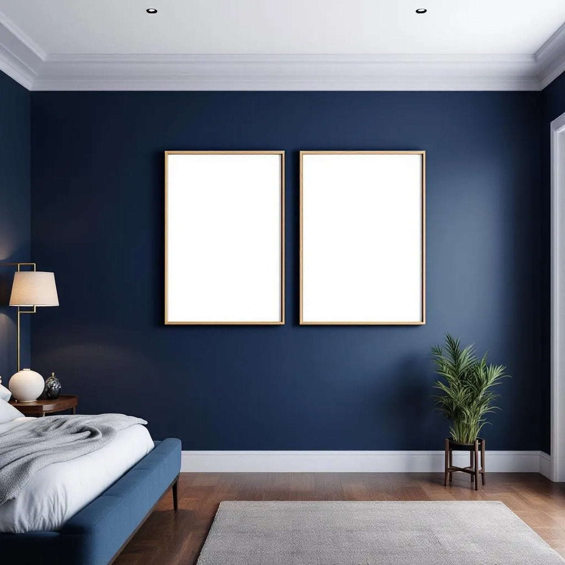 Bedroom Navy Wall Art Mockup — Plain Square Frame Portrait 2:3 — Perspective View — #04159 | MockupBulk