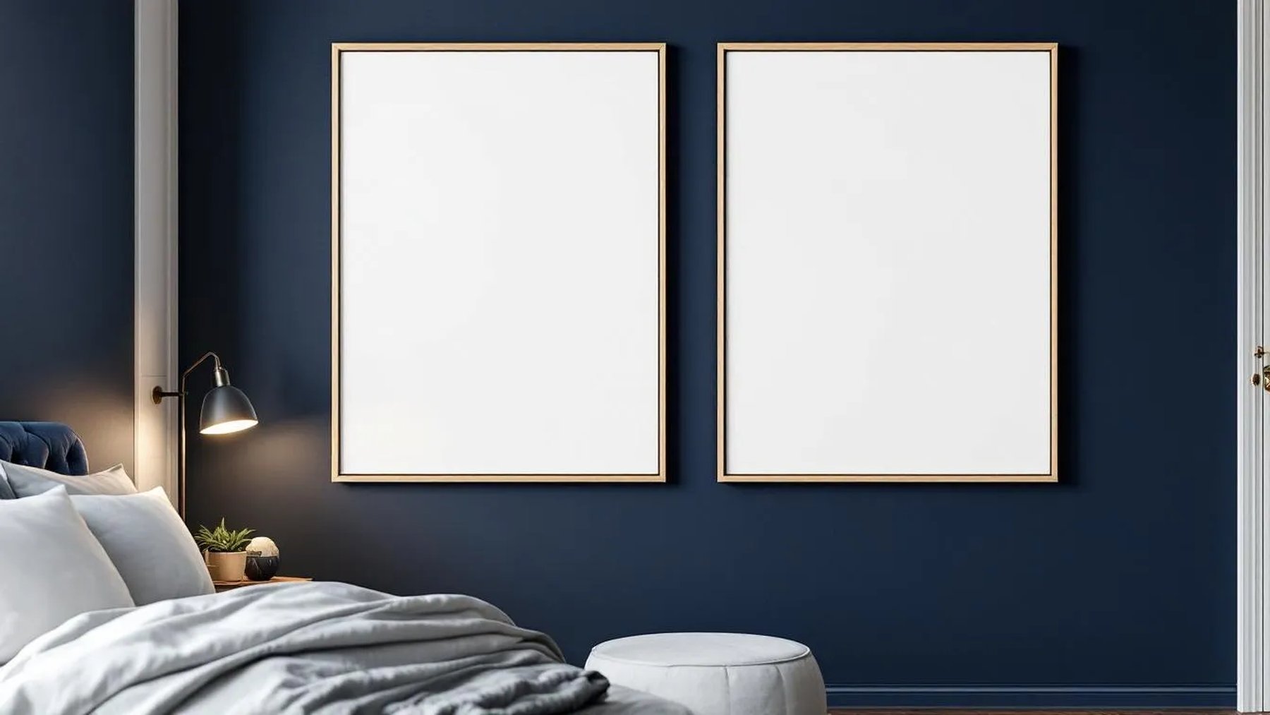 Bedroom Navy Styled Room Mockup — Raw Pine Frame Landscape 3:4 — Perspective View — #04160 | MockupBulk