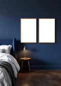 Bedroom Navy Frame Display Mockup — Raw Pine Frame Portrait 2:3 — Perspective View — #04161 | MockupBulk