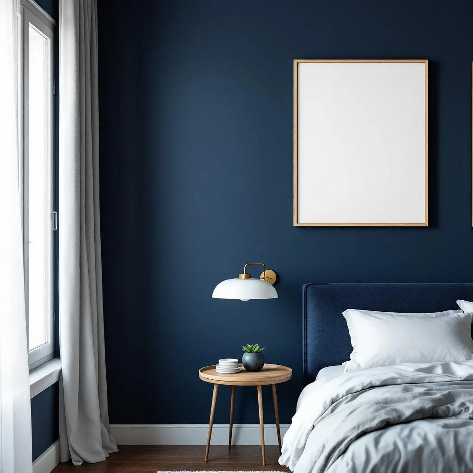 Bedroom Navy Room Scene Mockup — Plain Square Frame Portrait 2:3 — Perspective View — #04162 | MockupBulk