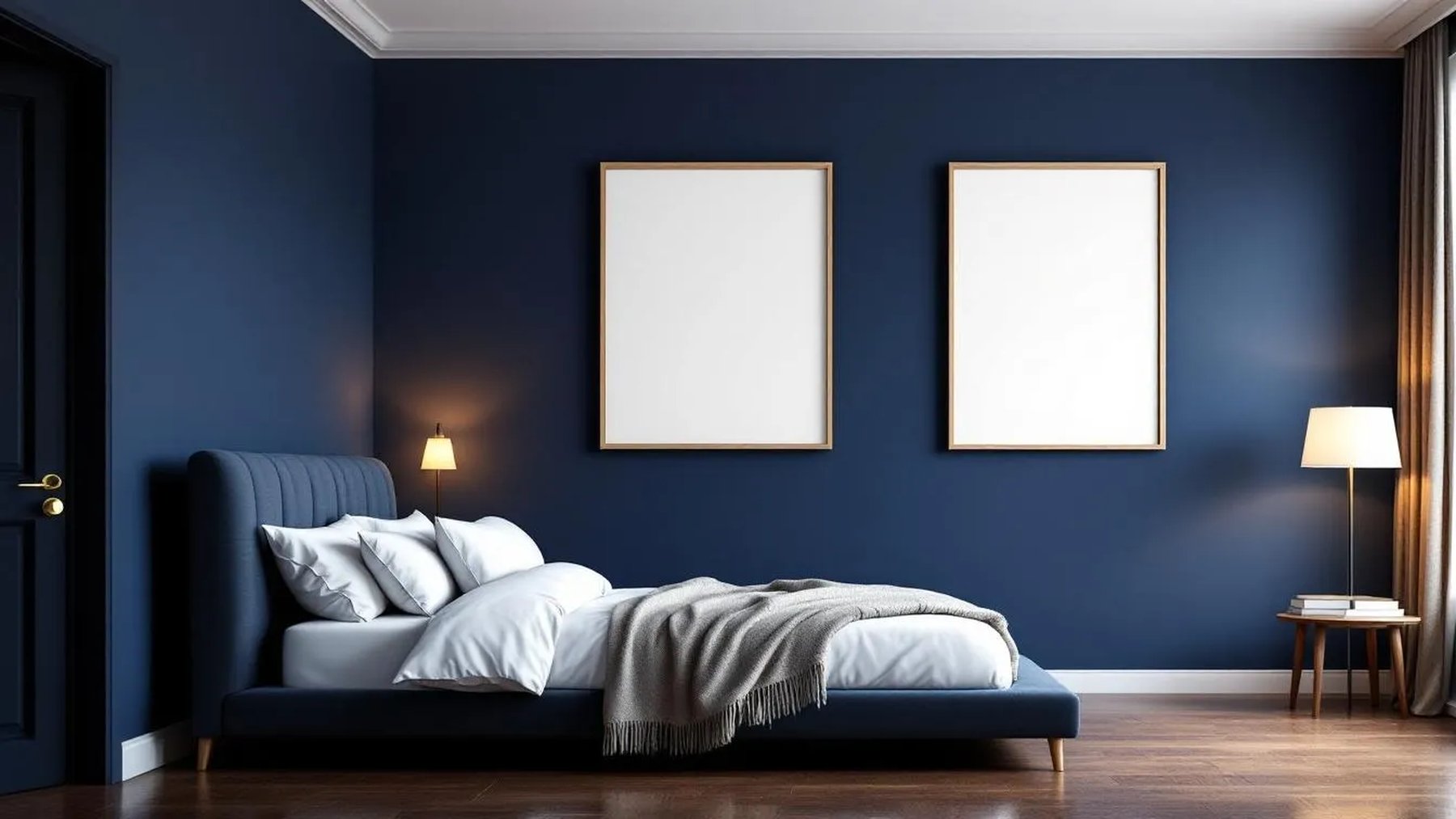Bedroom Navy Editorial Room Mockup — Raw Pine Frame Portrait 2:3 — Perspective View — #04163 | MockupBulk